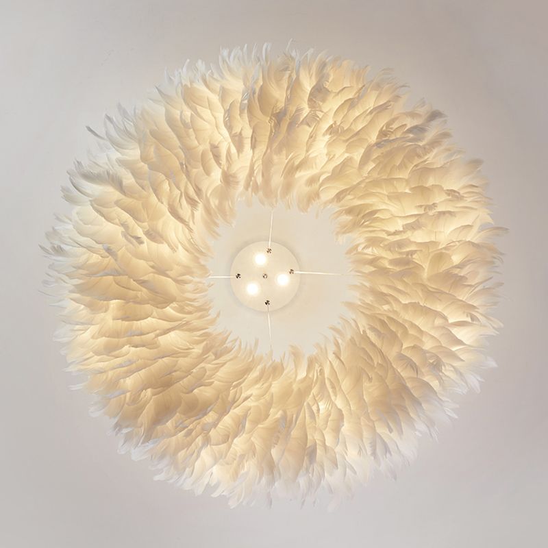 White Doughnut Shape Feather Chandelier Light Modern Style Hanging Pendant Lamp for Bedroom