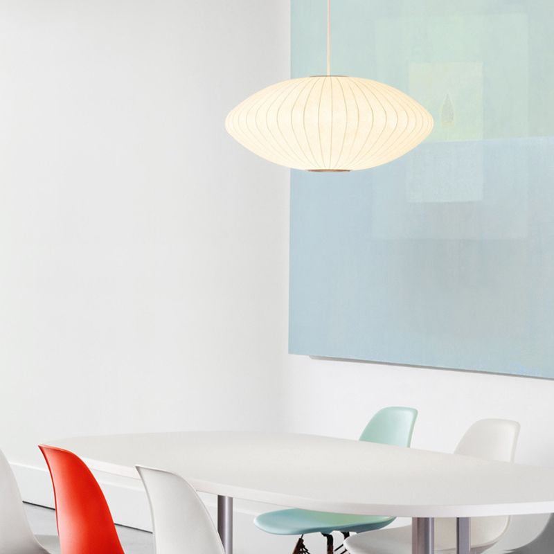 Silk Hanging Lamp, Simple Disk-Shaped Shade Pendant Lighting in White Finish