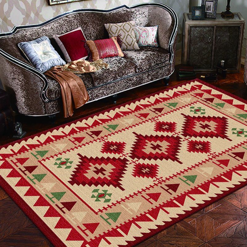 Dark Red Bohemian Rug Polyester Graphic Rug Non-Slip Backing Rug for Home Decoration
