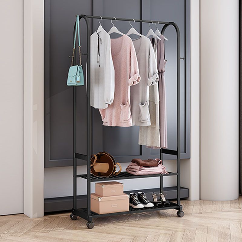 Modern Coat Hanger 2 Storage Shelving and 6 Hooks Hall Tree with Castors