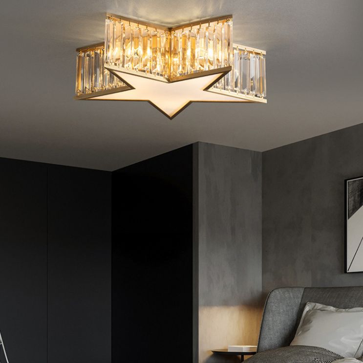 Plafonnier en forme d'étoile dorée, plafonnier à 5 lumières en cuivre de style créatif colonial avec abat-jour en cristal