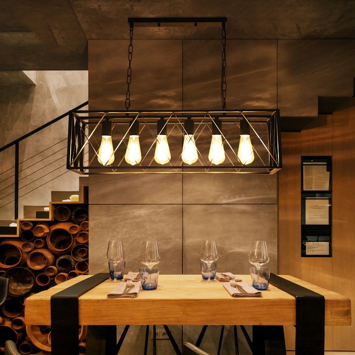 Industrial Style Rectangle Island Pendants Metal Pendant Lights in Black for Dining Room