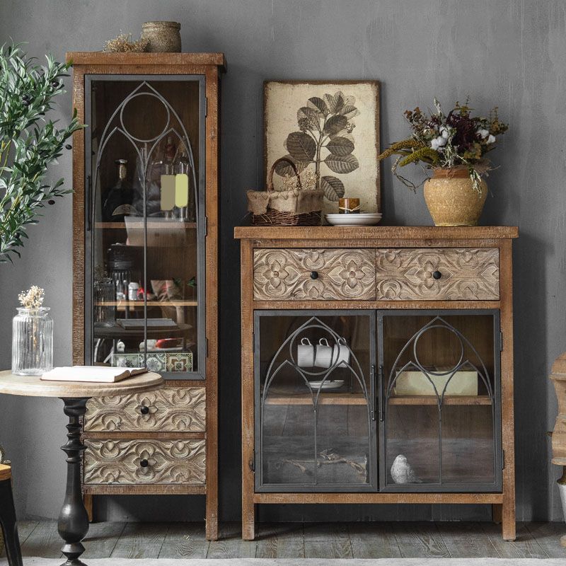 Traditional Solid Wood Display Stand Glass Doors Storage Cabinet for Dining Room