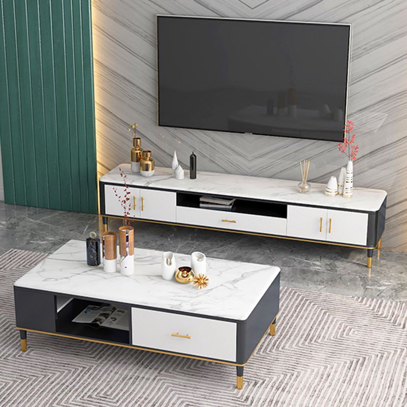 Glam Style TV Stand Stone White Colour Open Storage TV Console with Shelves