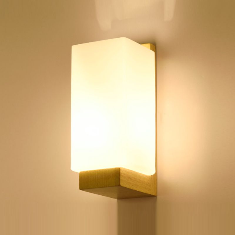 Nordic Style Wood Wall Light Geometric Shape Wall Sconce with Glass for Living Room