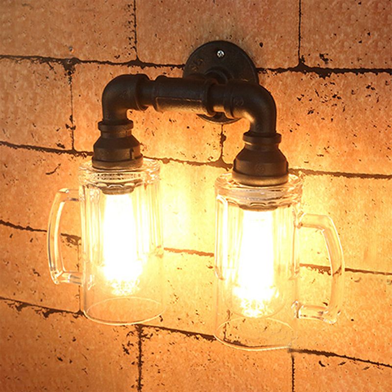 Glass Beer Mug Wall Lighting Antique Stylish 1 Light Hallway Wall Mount Light with Water Pipe in Bronze/Black