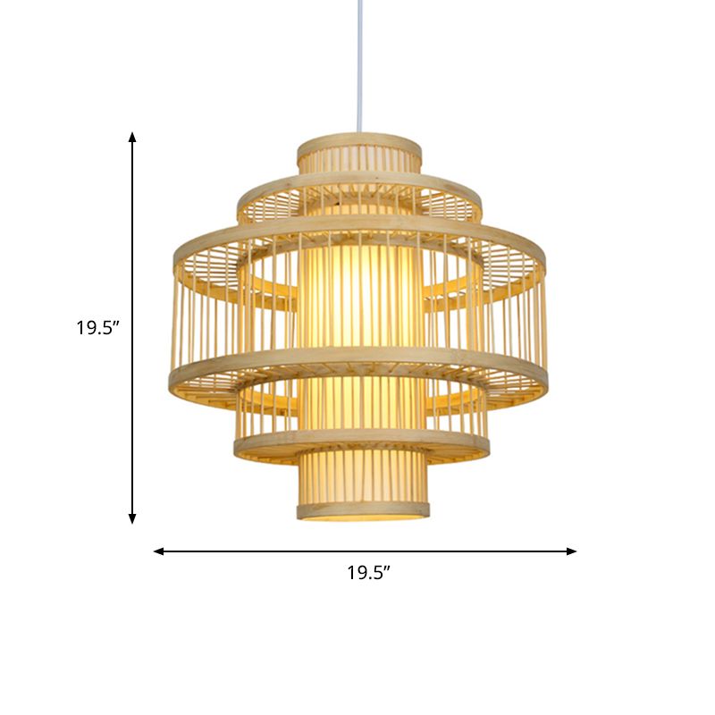 Modernist gestufte Bambushängeanhänger mit Zylinderschatten 19,5 "/23,5" W 1 Licht Deckenlampe in Beige