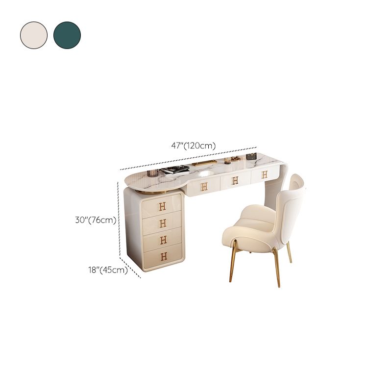 Modern Wood Vanity Table Set with Mirror and Stool Glam Slate 7 Drawers Dressing Table