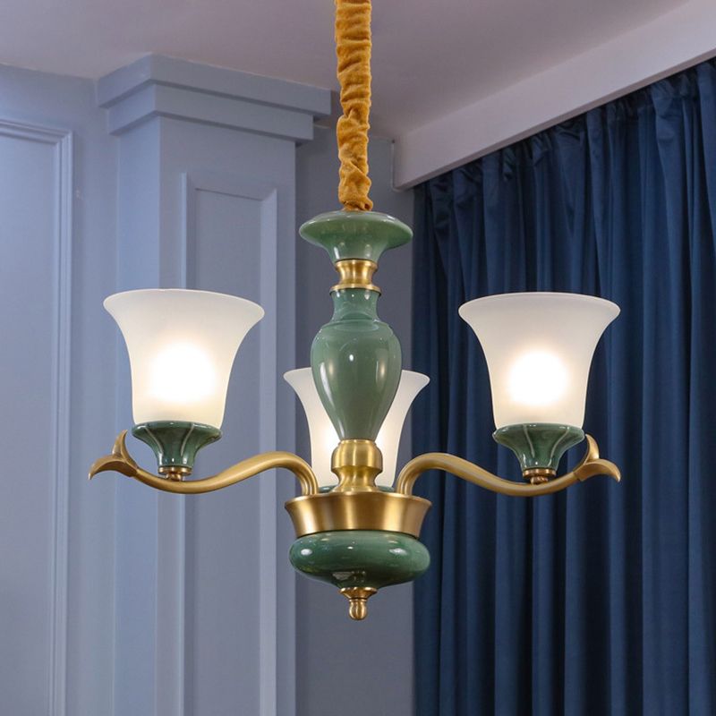 3/6 Bulbs Frosted Glass Suspension Lighting Countryside Green Bell Shaped Guest Room Chandelier