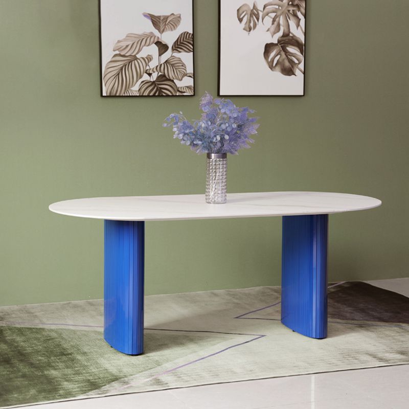 Tavolo da pranzo in pietra di pietra bianca e blu moderna tavolo da pranzo a forma ovale con doppia basi di piedistallo