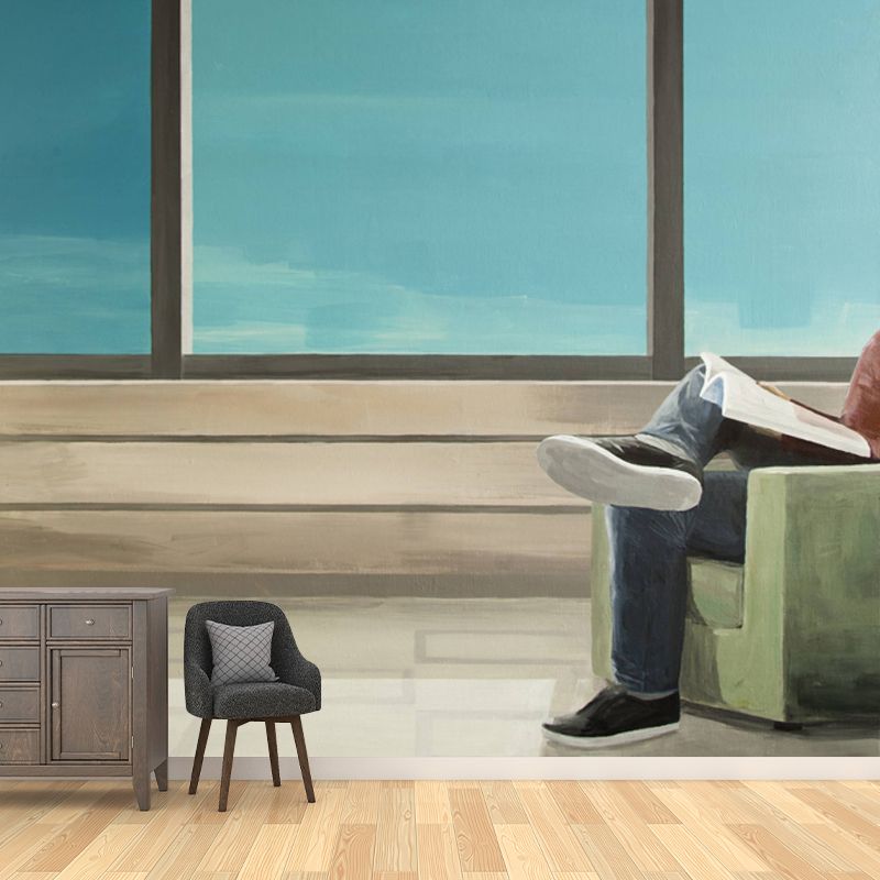 Artistic Reading Book Wall Mural Non-Woven Stain Resistant Blue-Brown Wall Covering for Home