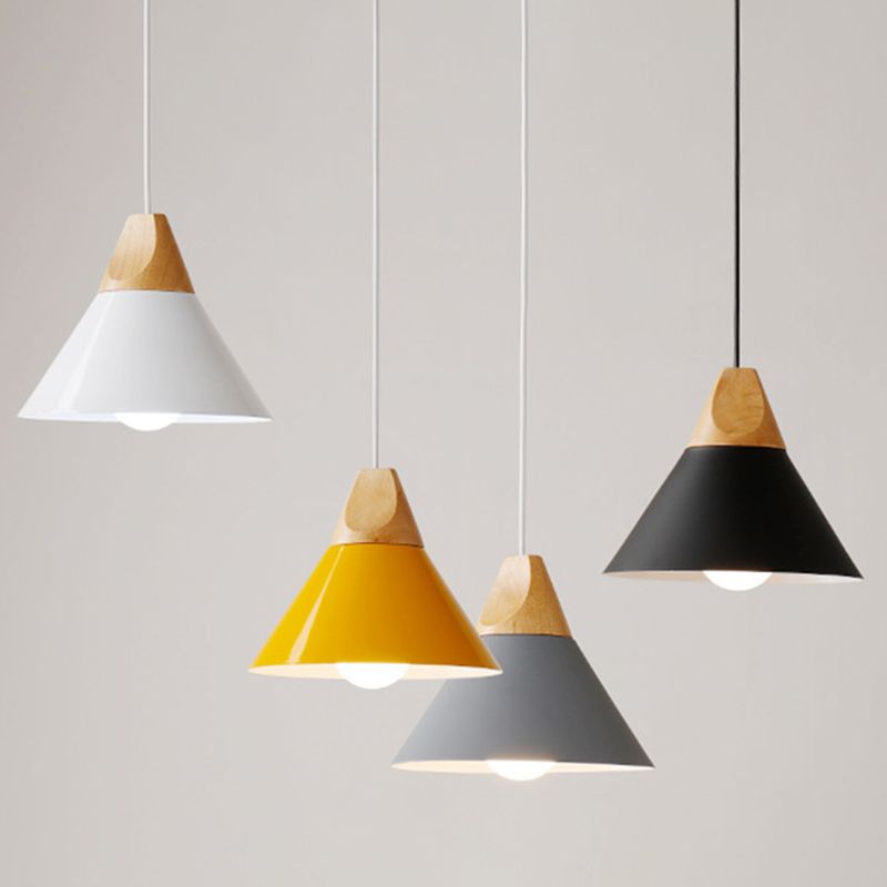 1 Light Metal Tapered  Pendant Lamp Nordic Style Wooden Top Living Room Hanging Lamp