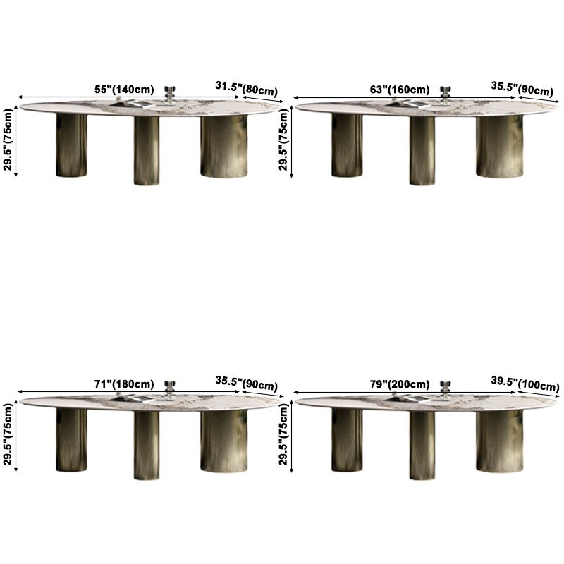 Oval Sintered Stone Dining Table Luxury Table in White with Metal 3 Legs