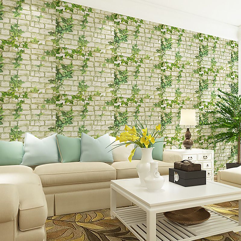 33' x 20.5" Brickwork Wallpaper for Bedroom Ivy Wall Covering in Grey and Green, Self-Adhesive