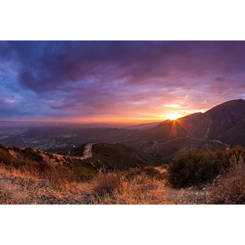 Purple Modernist Wallpaper Mural Big Sunset and Sinuous Road View from Mountain Wall Covering for Home
