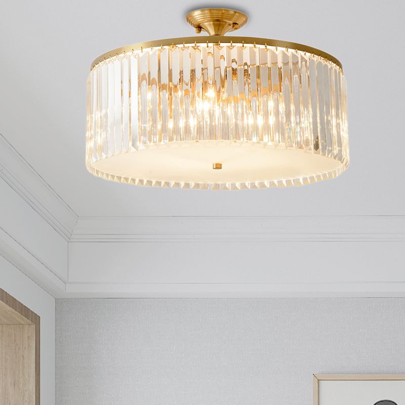 4/5/6 Bulbs Drum Semi Flush Ceiling Light Modern Clear Crystal Ceiling Lamp in Gold for Living Room