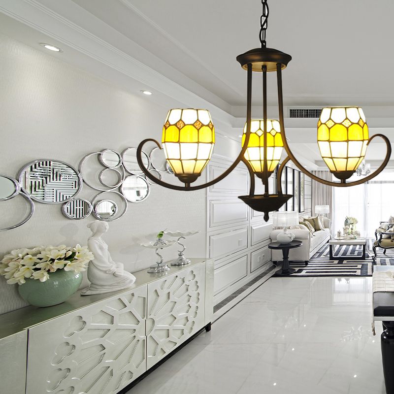 3 Lichter Oval Anhänger Leuchte Glas Tiffany Kronleuchter Beleuchtung in Gelb für Schlafzimmer