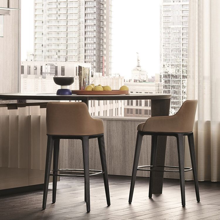 Faux Leather Upholstered Arm Bar Stool with Solid Wood Base for Home