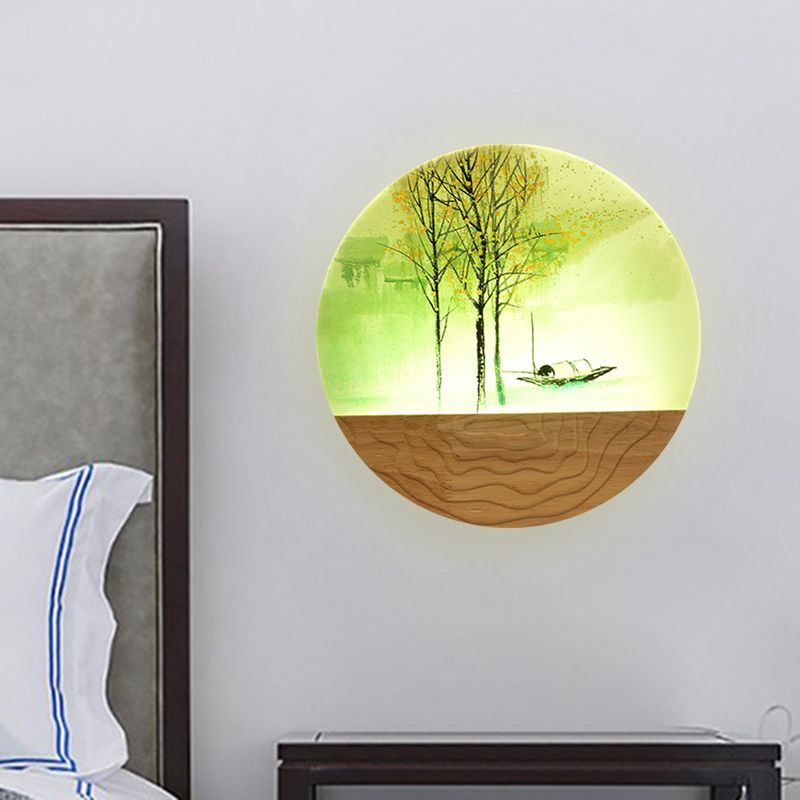 9.5"/11" Wide Metal Round Wall Mural Light Asia Style LED Wood Wall Mounted Lighting with Boat and Tree Pattern