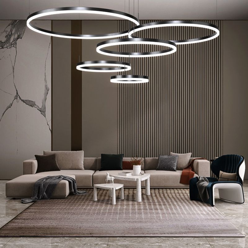 Metal Circle Pendant Chandelier Minimalist Black LED Pendant Light for Living Room