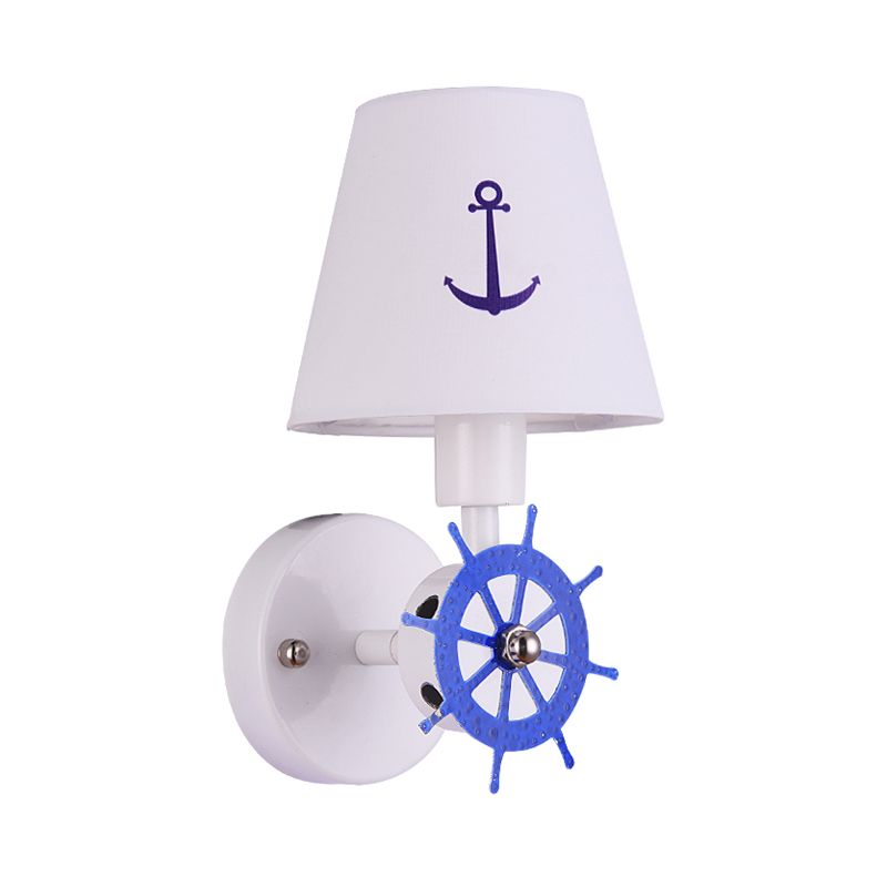 1 Bulb Tapered Shade Wall Light Nautical Fabric Sconce Light in White for Study Room