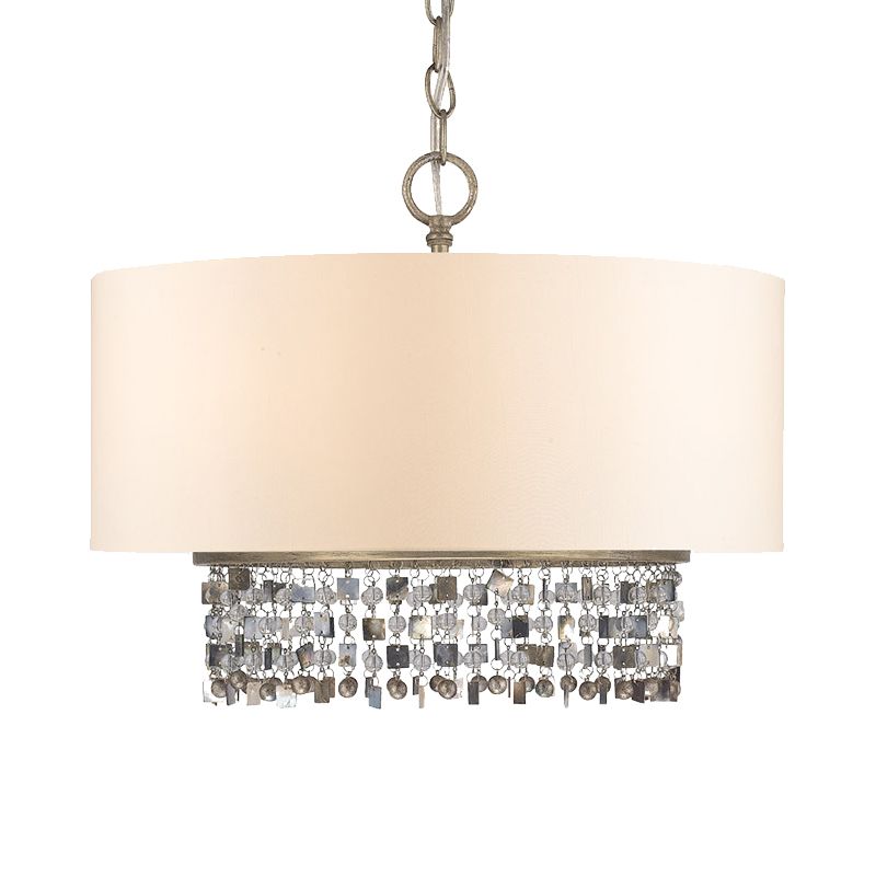 Drum Fabric Chandelier Light Traditional 5-Bulb Living Room Hanging Lamp in White with Crystal Accent