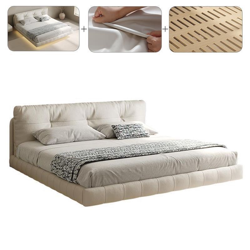 Genuine Leather Upholstered Platform Bed Light Beige Bed Frame