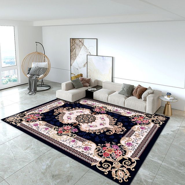 Blue European Carpet Medallion Print Polyester Area Rug Stain Resistant Rug for Home Decor