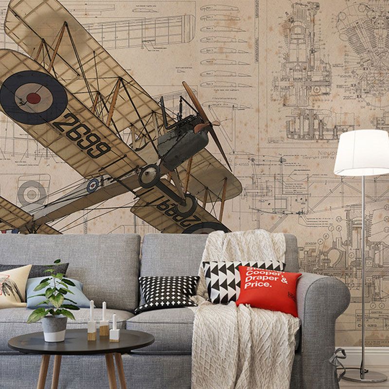 Old Airplane Wall Mural Decal for Children's Bedroom, Neutral Color, Customized Size Available