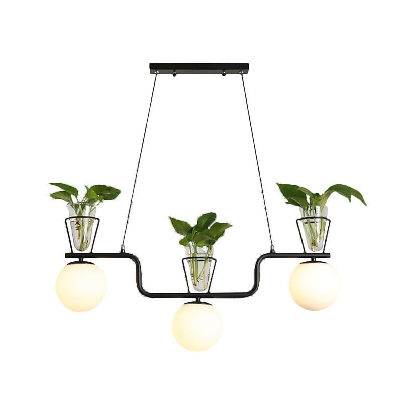 Black 3-Bulb Island Light Fixture Industrial Opal Glass Globe Pendant Lamp with Clear Glass Pot