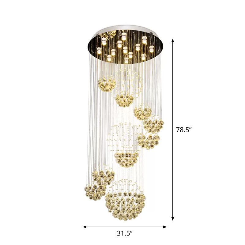 Spiraling Crystal Sphere Ceiling Light Modern 13-Bulb Stainless Steel Flush Mounted Light Fixture