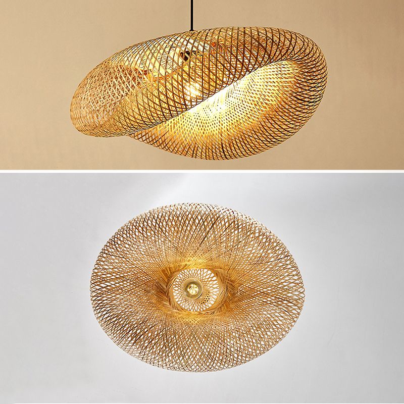 Japanese Style Bamboo Chandelier 1 Light Hanging Pendant Lights Hat Shape Handmade Cardboard Shade Kitchen Lamp