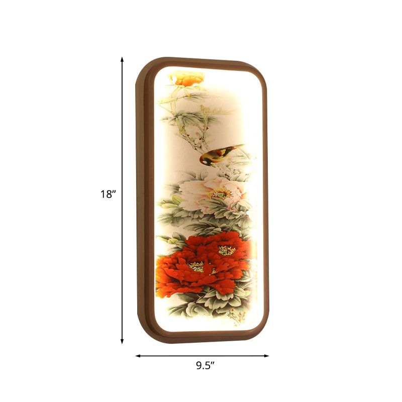 Rectangle Acrylic Peony Wall Mount Lamp Chinese Style LED Red Wall Mural Light