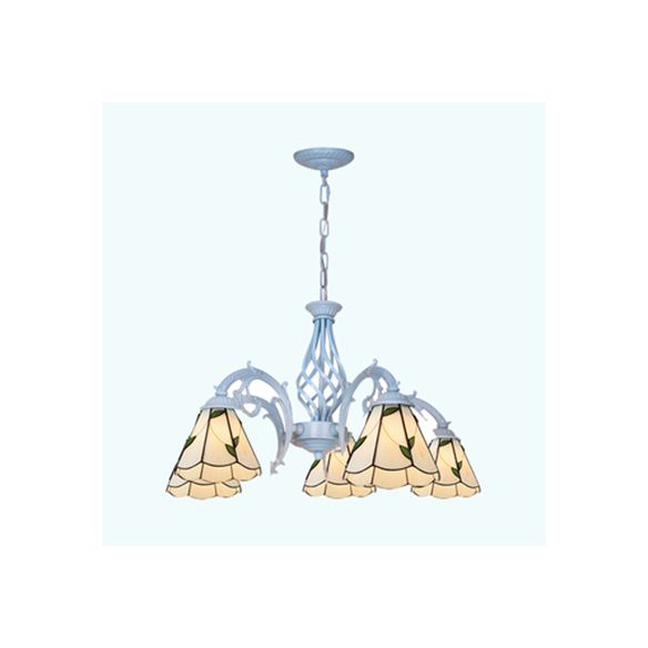 5 luces Candelera de cono con altura de patrón de hoja Logia ajustable Costeo de techo de vidrieras en beige