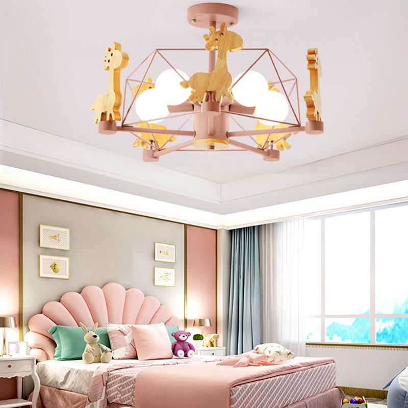 Macaron Cage Plafond Pendant Light Metal Metal 4-HEAD CHAMBRE CHANDELIER AVEC GIRAFE DÉCO
