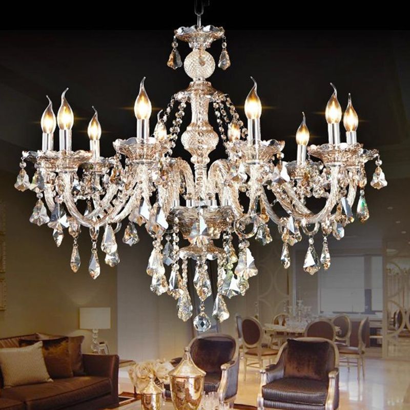 Traditional Beveled K9 Crystal Ceiling Pendant Light Candlestick Suspension Lighting for Living Room