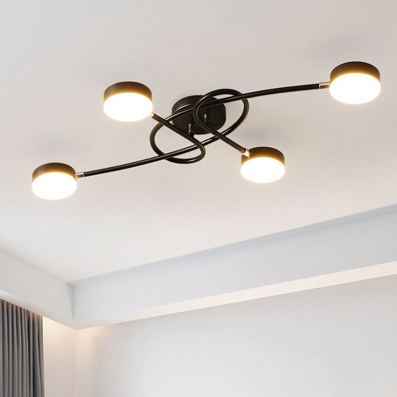 Drum Living Room Semi Flush Lighting Metal 4 Lights Modernist LED Close to Ceiling Lamp in Black with Twisted Arm