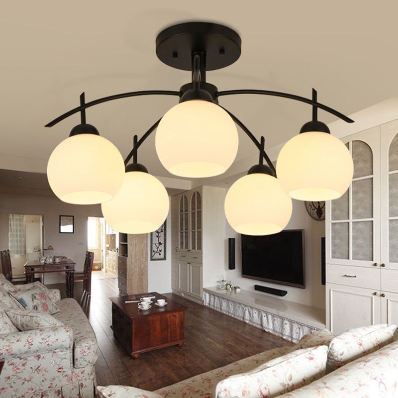 Klassisches Deckenlicht mit gefrostetem Glas Globus Schatten schwarz schmiedeeisen halb flushlicht für wohnzimmer