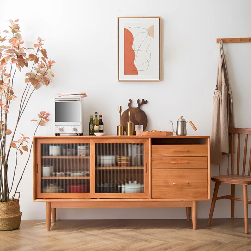 3 Drawer Side Board Adjustable Shelves Pine Solid Wood Credenza with Sliding Door
