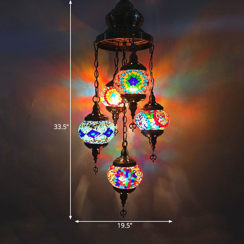 5 Heads Cut Glass Chandelier Pendant Light Traditional Red/Orange/Blue Oval Living Room Hanging Light Kit