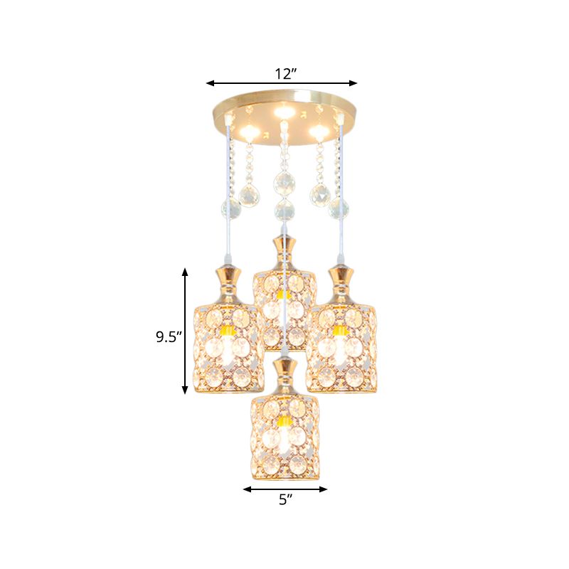 Gold Cylindrical Multiple Hanging Lamp Modernist 4 Heads Crystal-Encrusted Pendulum Light with Ball Droplet
