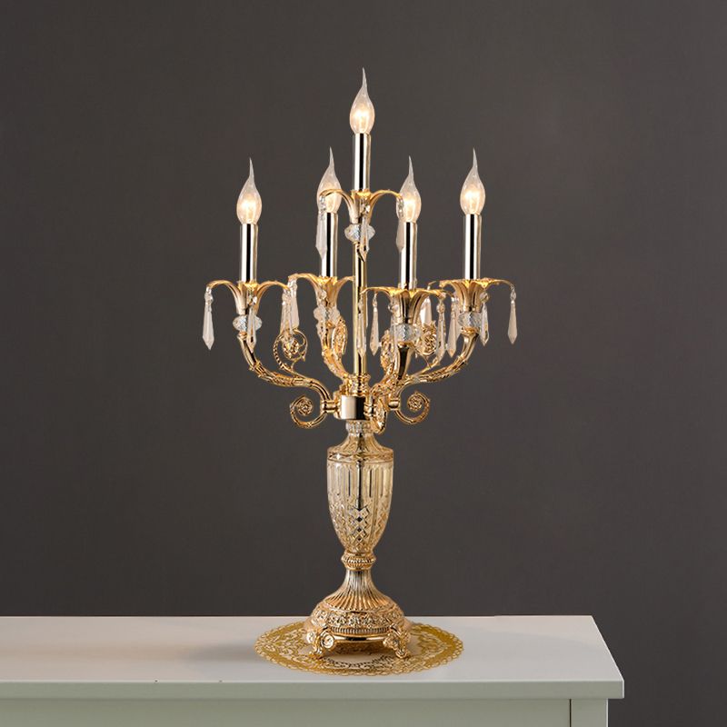 5 Lampenkristall Speere Tisch Leuchtt traditionelle Gold Candlestick Parlour Nachttischlampe mit/ohne Stoff Glocke Schatten