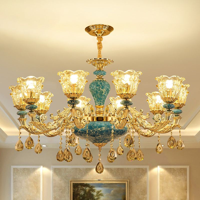 2-Layered Flower Chandelier Vintage Gold Finish Clear Glass Hanging Ceiling Light