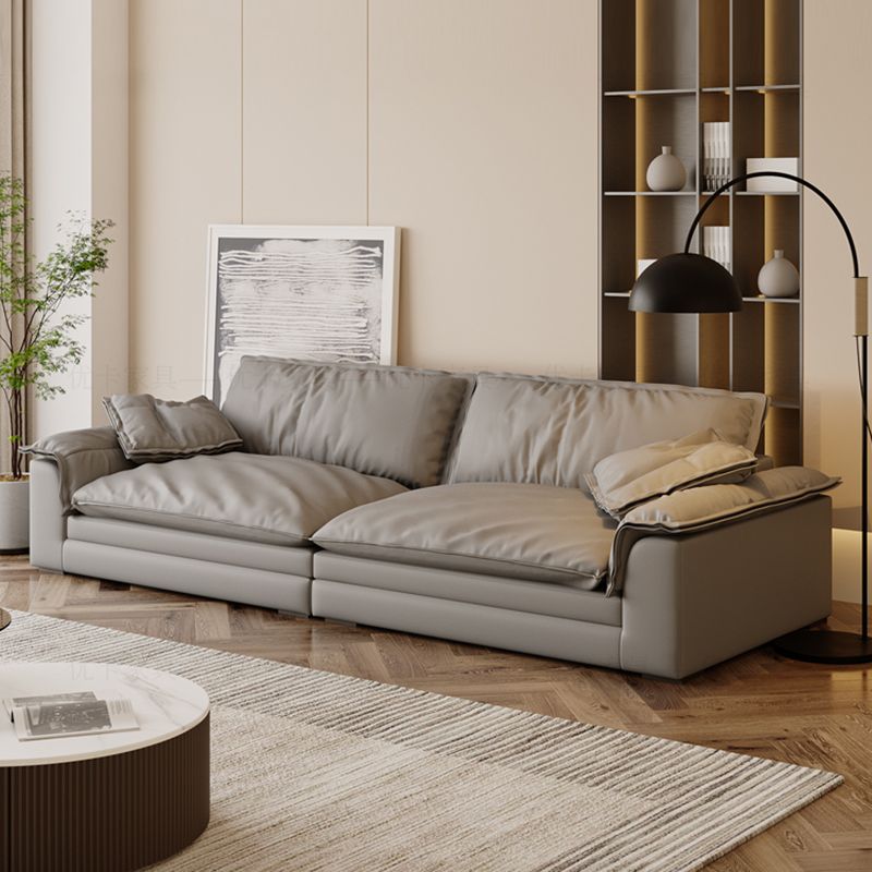 Grey Contemporary Faux Leather Pillow Top Arm Sofa with Loose Back for Living Room