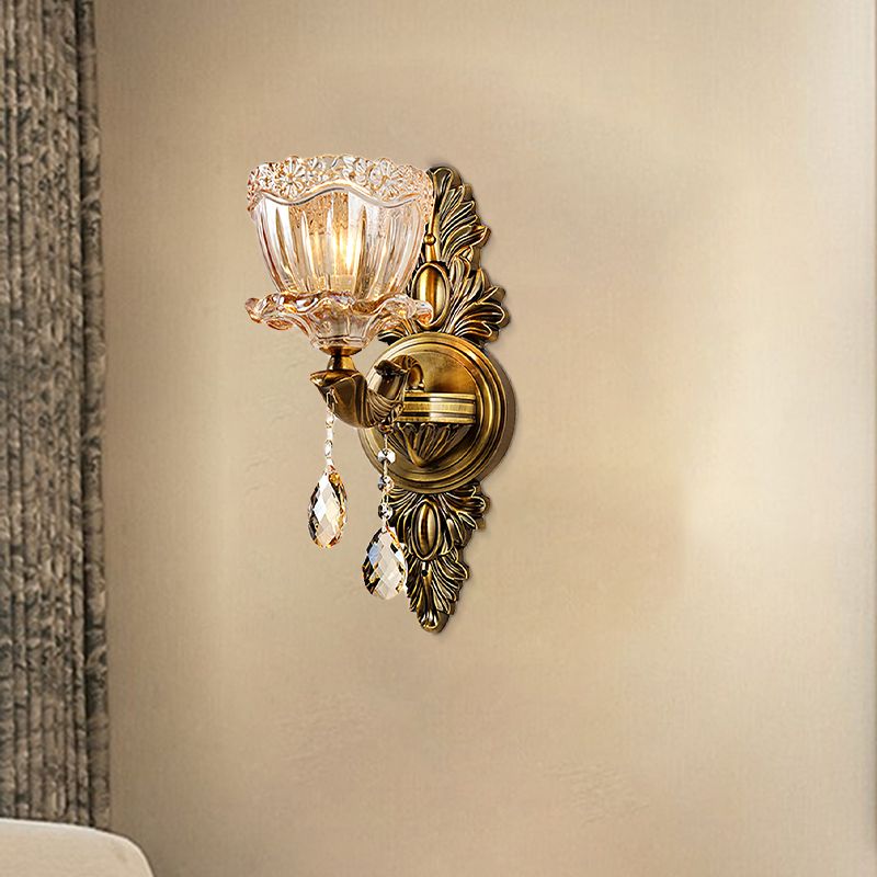 Modern Floral Shape Sconce Light Amber Glass 1/2 Heads Living Room Wall Mount Light with Teardrop Crystal Drop in Brass