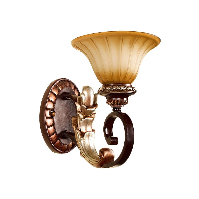 Flared Amber Glass Wall Sconce Traditional 1 Light Living Room Wall Light in Bronze with Curving Arm
