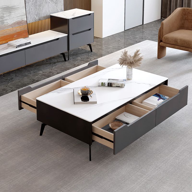 Rectangular Slate Top Coffee Table with 4 Drawers Metal 4 Legs Cocktail Table
