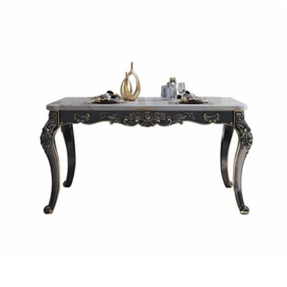 Victorian Style Marble Dining Set with White Rectangle Table and 4 Black Legs Base for Home Use