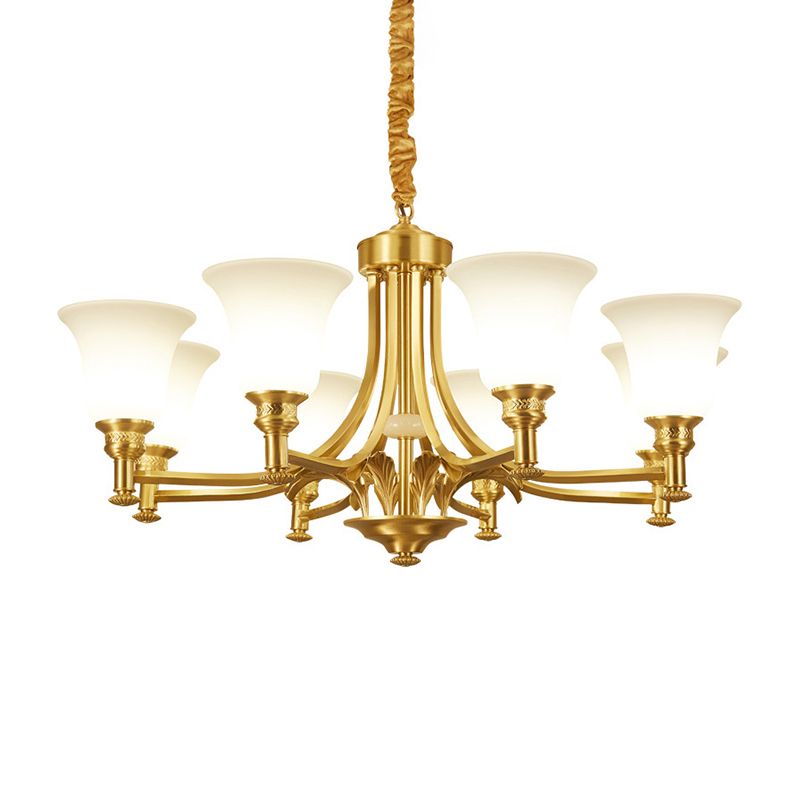 Brass Flared Up Chandelier Antique Style Opaline Glass Bedroom Suspended Lighting Fixture