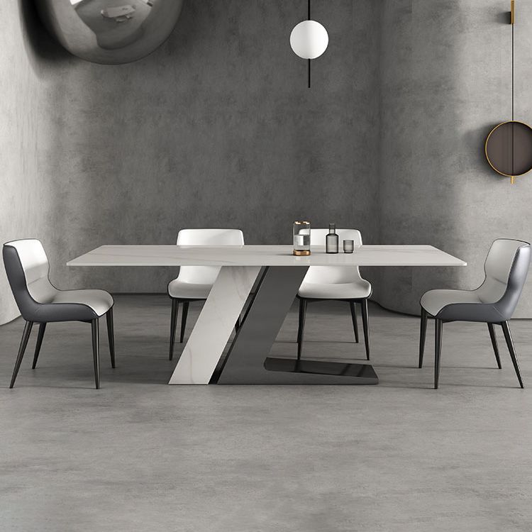 Modern Style Sintered Stone Dining Set with White Rectangle Shape Table and Double Pedestal Base